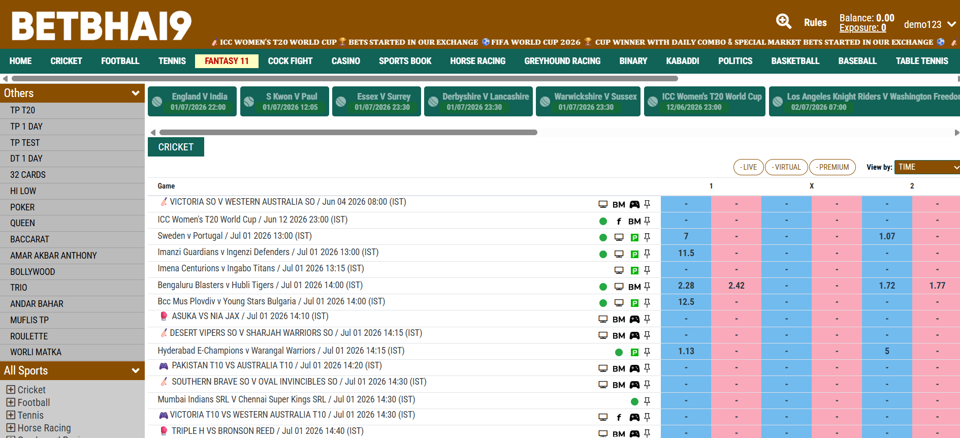 Live cricket markets on the Betbhai9 red panel