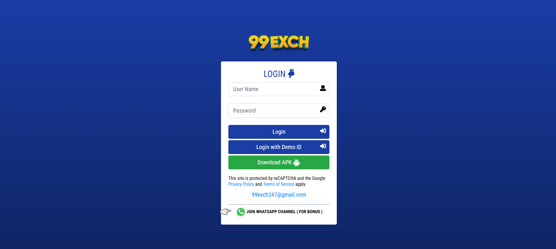 My99Exch black login panel on my99exch.com with username and password